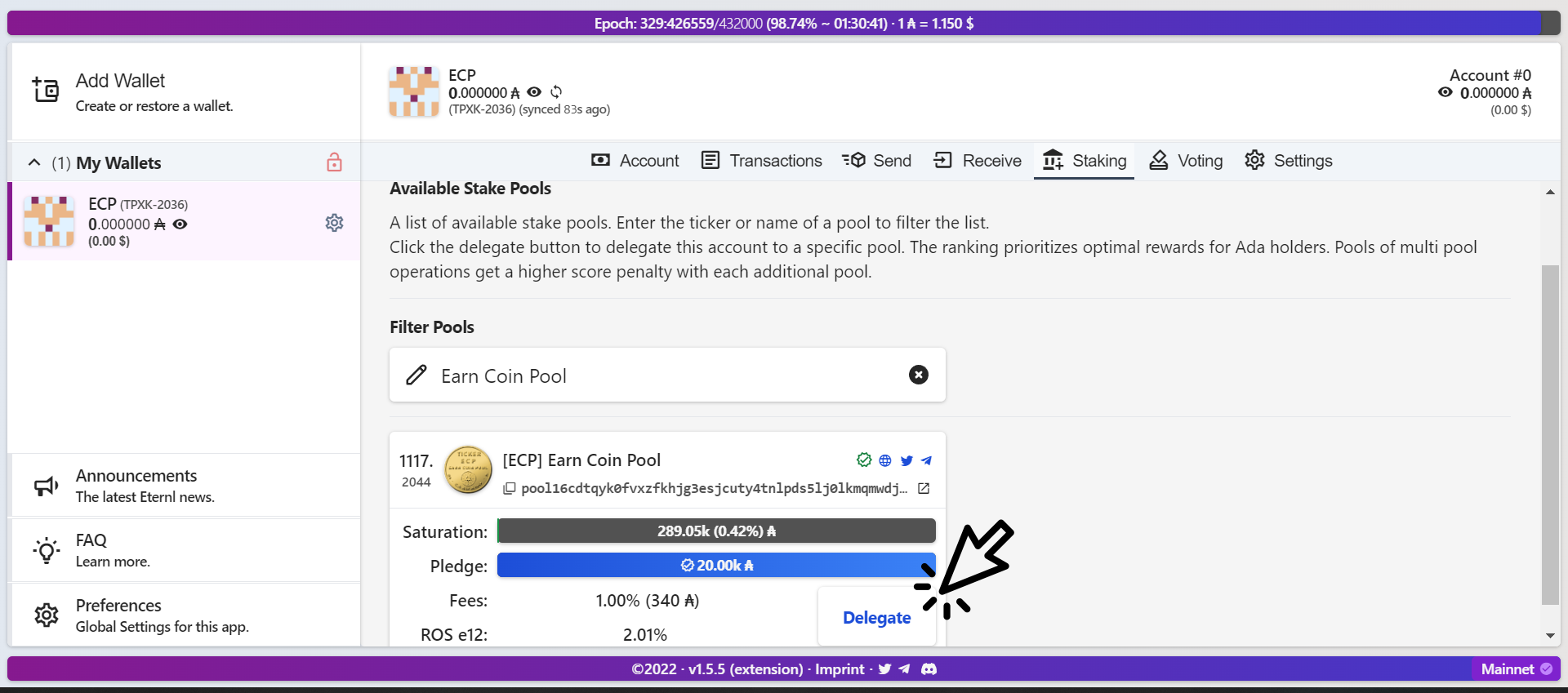 Delegate Cardano to ECP Pool using Eternl wallet
